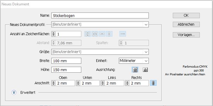 Neue Datei in Illustrator anlegen für Sticekrbogen