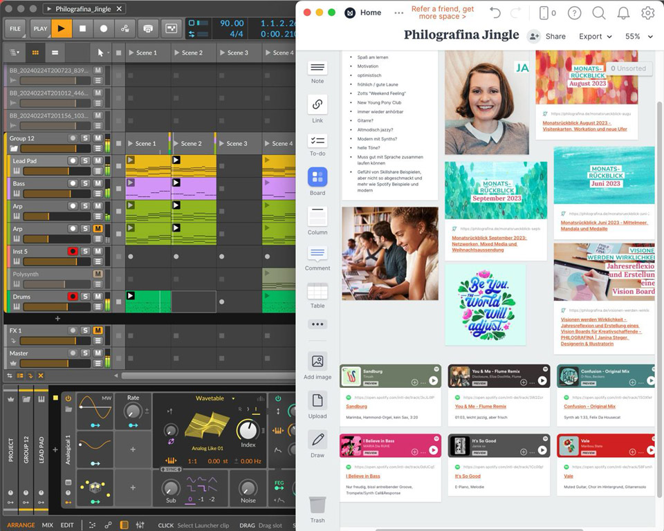 Bitwig Oberfläche und Visionboard