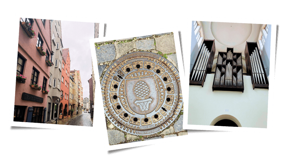 Bildcollage mit Blick in alte Gasse in Augsburg, Kanaldeckel mit Stadtsymbol und die Orgel der Kirche St. Moritz