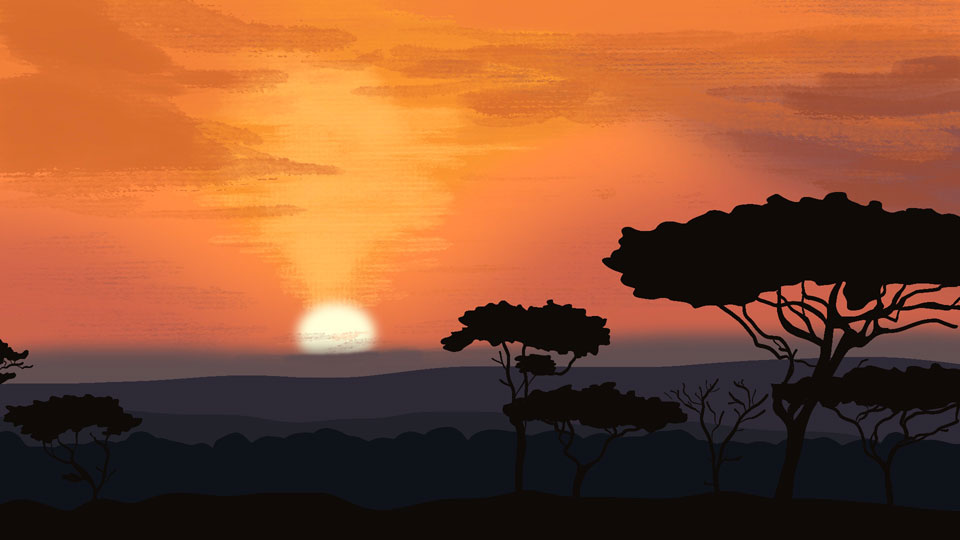 Digitale Illustration eines Sonnenaufgangs in der afrikanischen Steppe von Janina Steger zum Musical König der Löwen