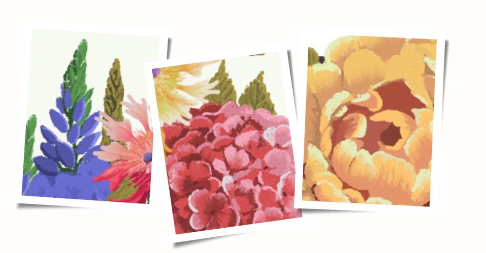 Bildcollage aus drei Polaroids mit digitaler Illustration von Sommerblumen von Janina Steger