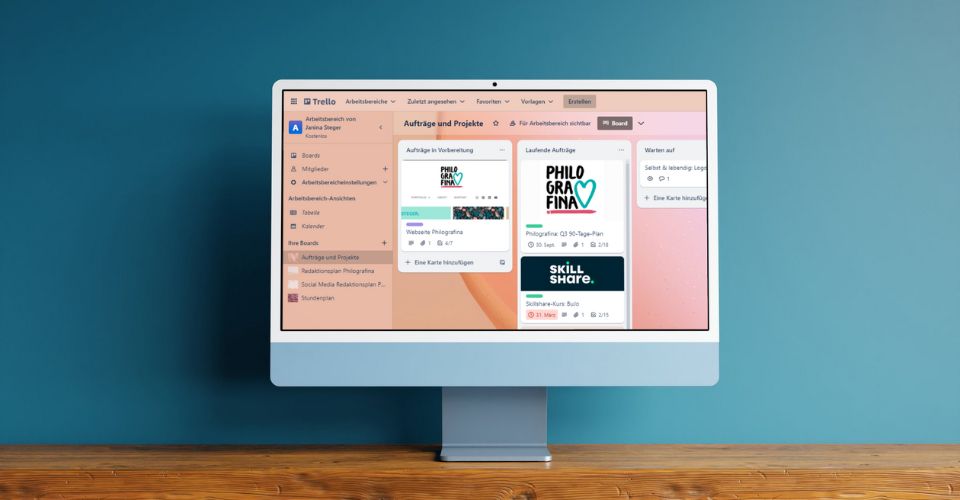 Mockup eines Bildschirms mit einer Übersicht der Trello-Seite von Janina Steger, Philografina