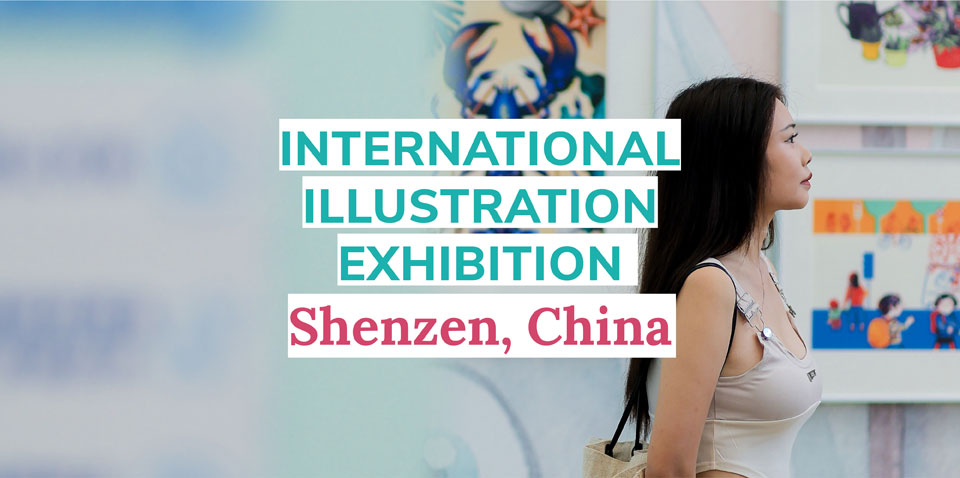 Beitrag zur International Illustration Exhibition Shenzen, Frau geht an einer Wand mit Bildern vorüber